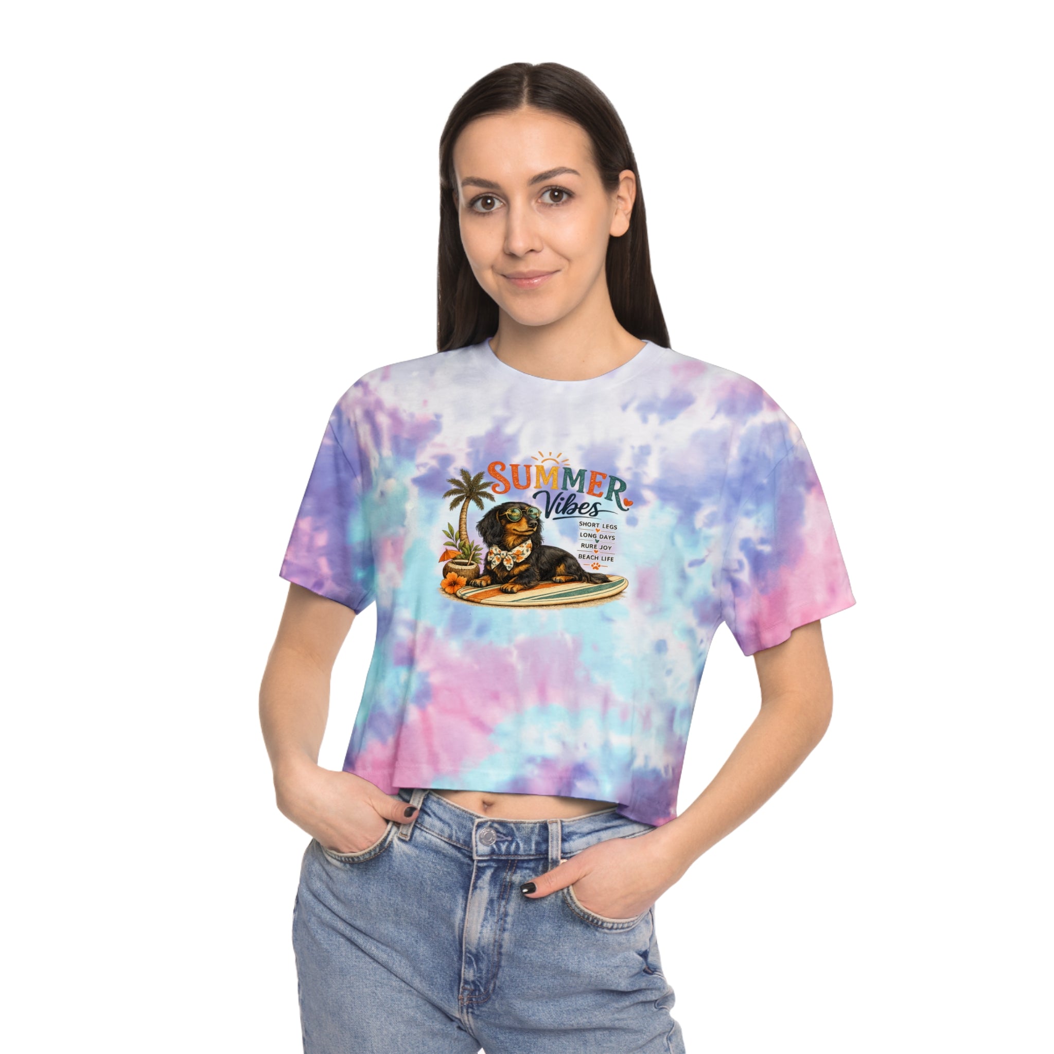 Dachshund Summer Vibes Women's Tie-Dye Crop Tee