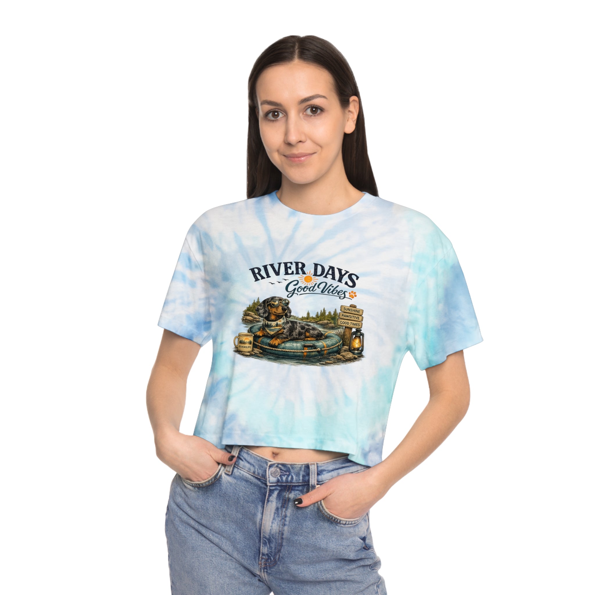 DACHSHUND RIVER DAYS Women's Tie-Dye Crop Tee