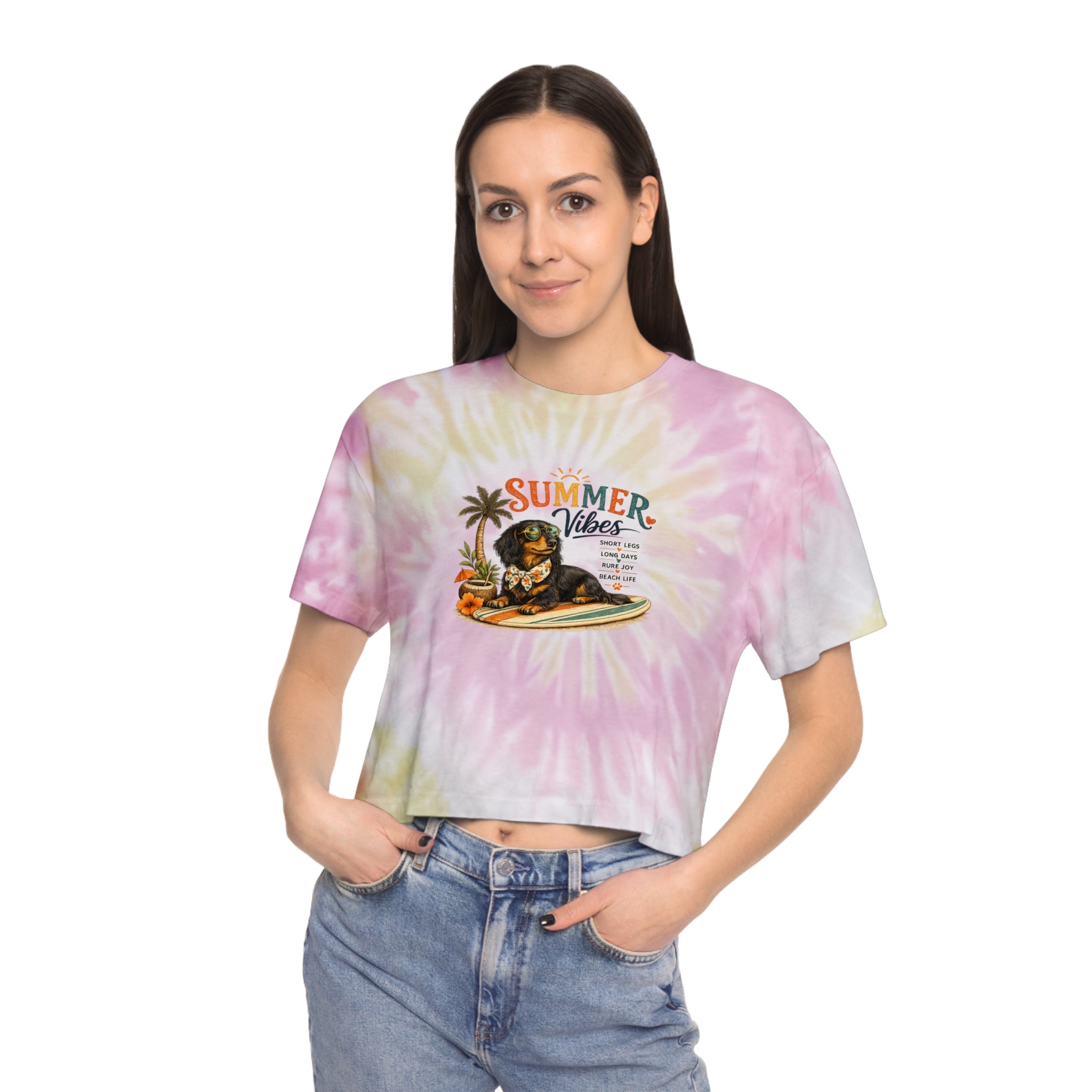 Dachshund Summer Vibes Women's Tie-Dye Crop Tee