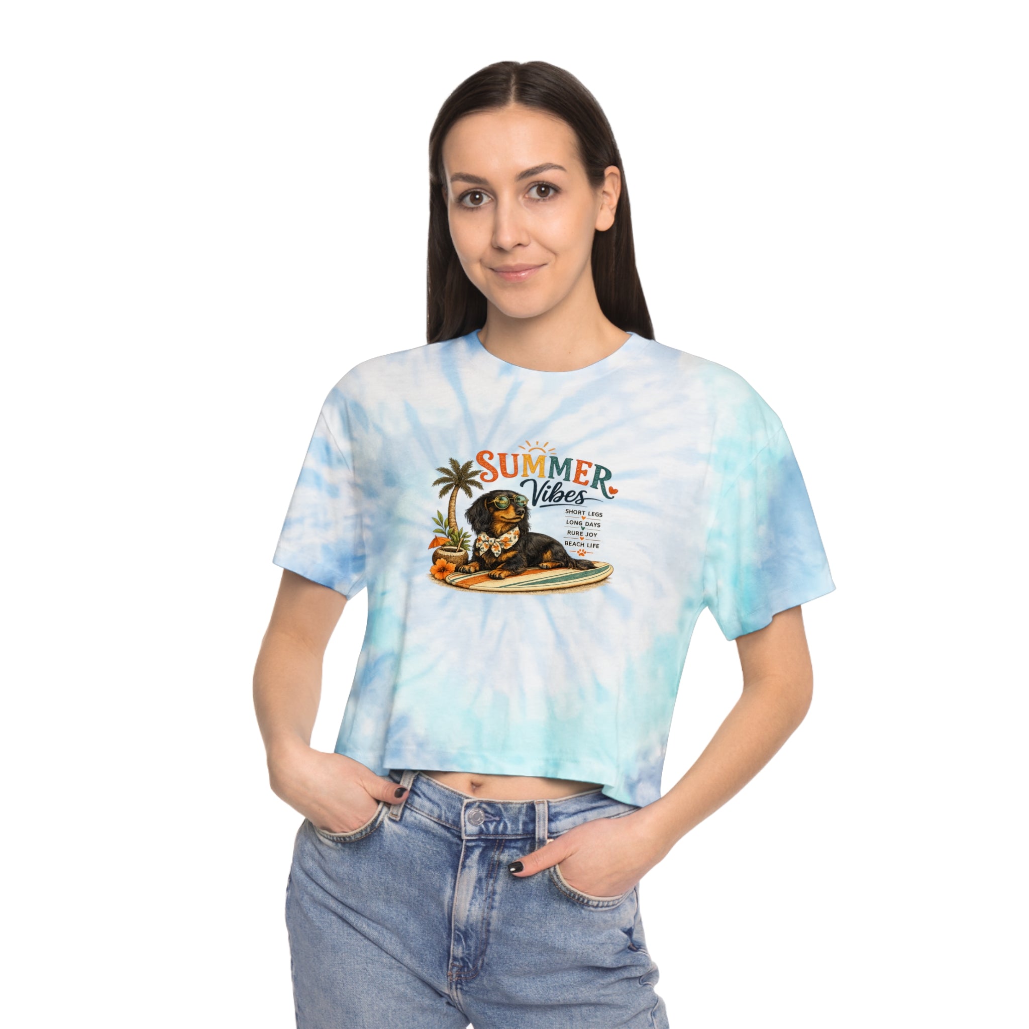 Dachshund Summer Vibes Women's Tie-Dye Crop Tee