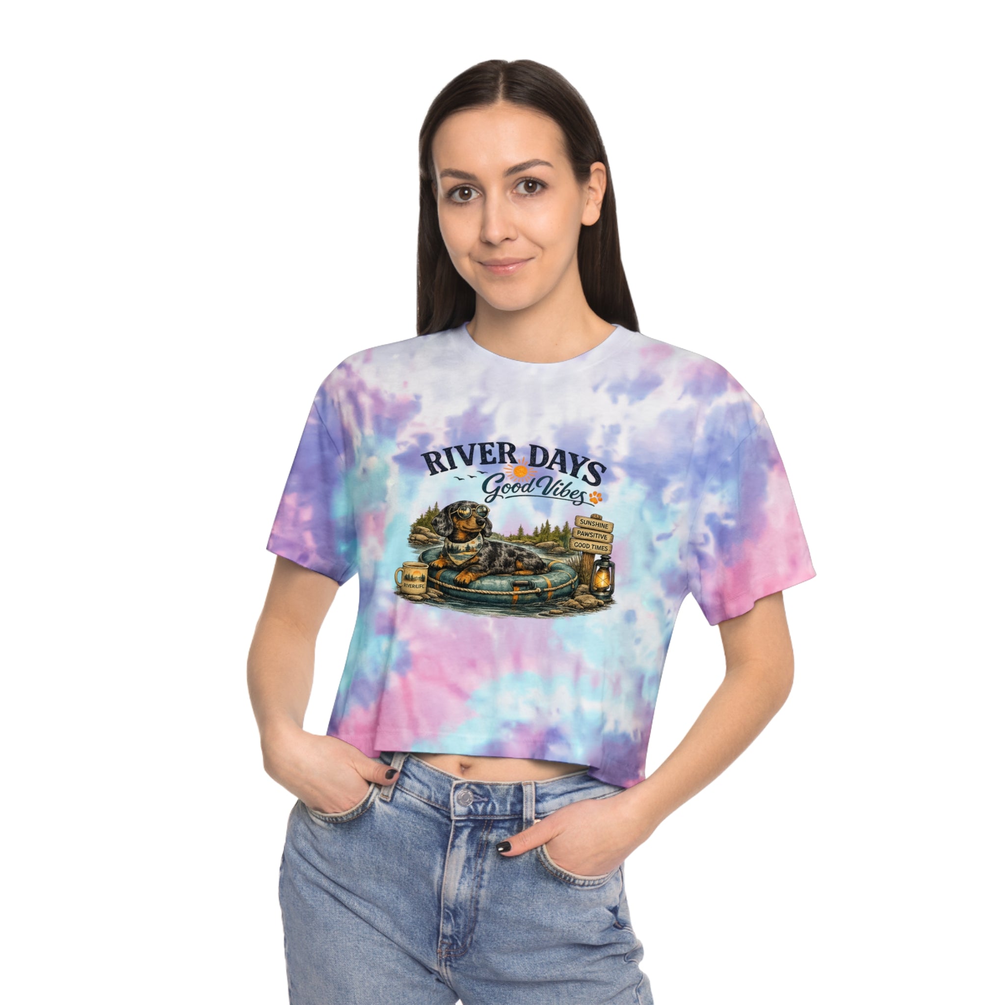 DACHSHUND RIVER DAYS Women's Tie-Dye Crop Tee
